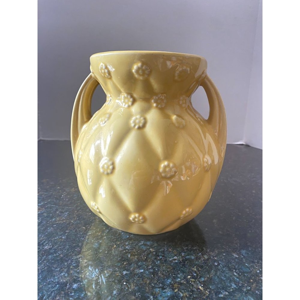 Vintage Shawnee Pottery 7" H Yellow Quilted Daisy 2 Handled Vase, 827